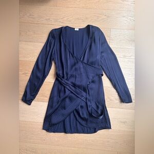 Elegant Navy Patterned Satin Wrap Dress